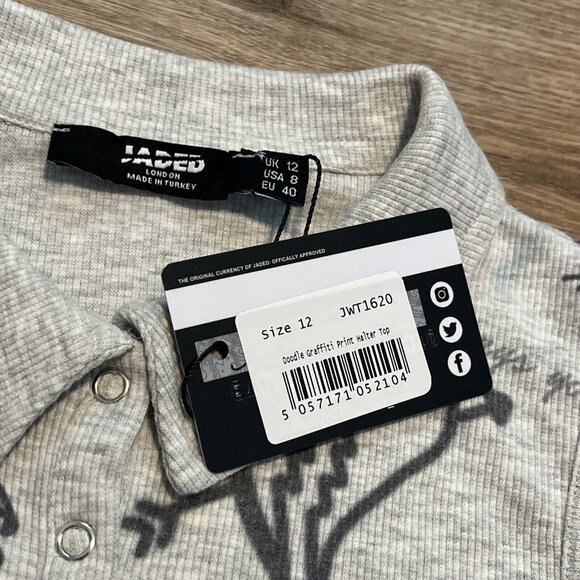 Jaded London Doodle Graffiti Rib Halter Top SZ 8 Gray Crop Collared Stretch Tank - Picture 3 of 7